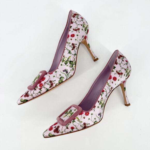 Manolo Blahnik Maysale Pink Floral Satin Buckle Pumps IT 39.5 Pointed Toe Heels - Picture 4 of 11